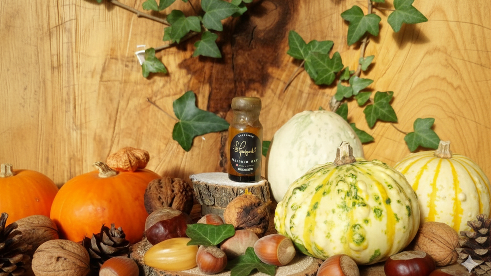 Krupni plan male braon staklene bočice sa prirodnim melemom, koja stoji na drvenom postolju. Bočica je okružena jesenskim plodovima: narandžastom bundevom, orasima, lešnicima i šišarkama na drvenoj podlozi. U pozadini se vidi rustični drveni zid sa zelenim listovima bršljana.