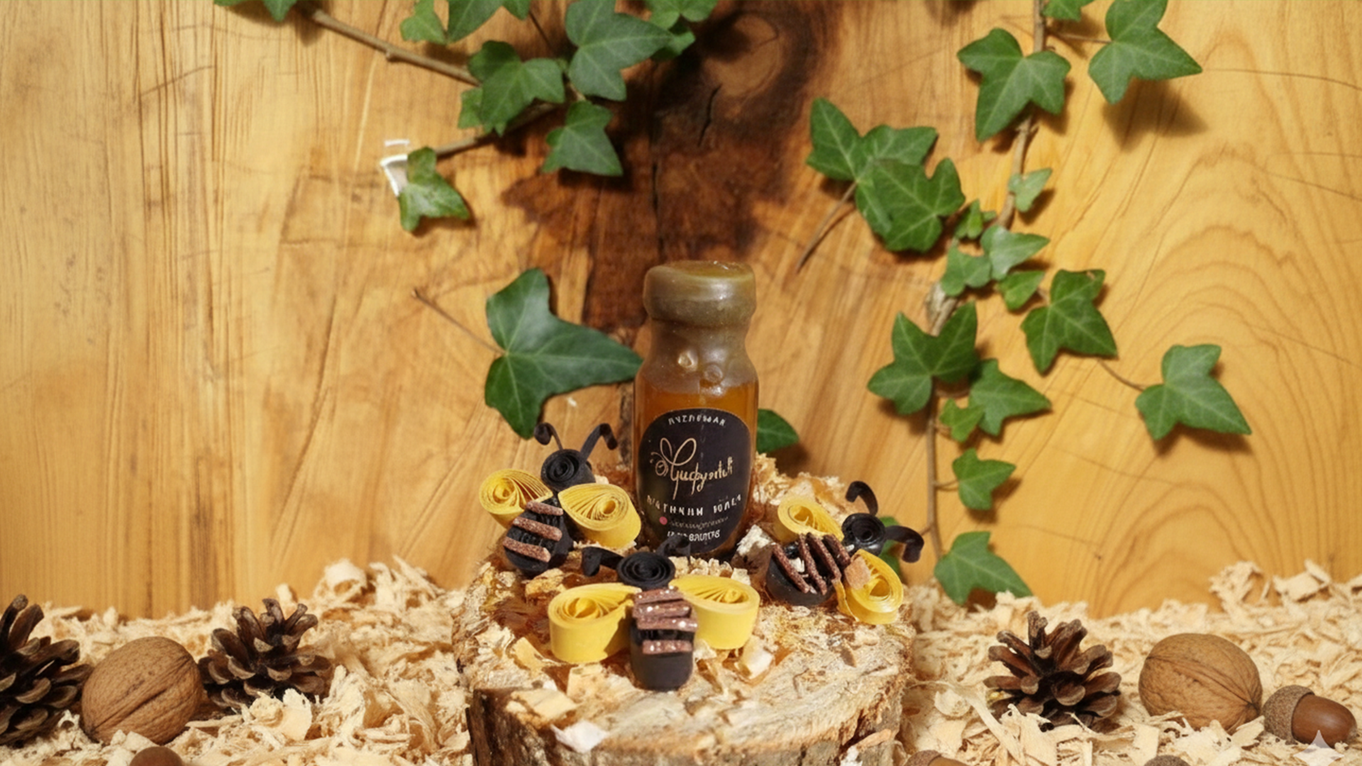 Široki prikaz jesenske dekoracije na drvenoj površini. U centru je mala bočica prirodnog proizvoda, okružena bogatim aranžmanom koji uključuje više vrsta bundeva (narandžaste i dekorativne prugaste), kestenje, žireve, lešnike i šišarke. Pozadina je drveni panel ukrašen puzavicom bršljana, stvarajući toplu, rustičnu i prirodnu atmosferu.