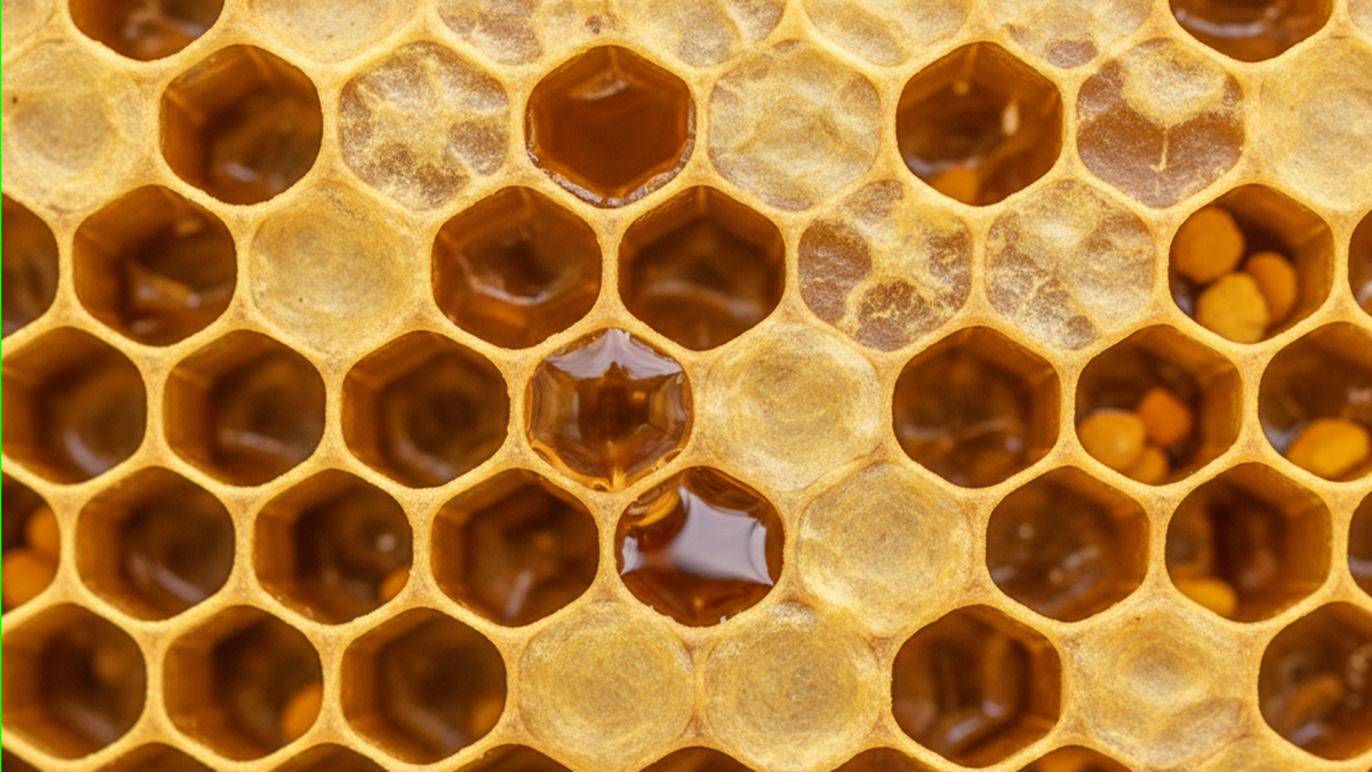 Detaljan makro prikaz teksture prirodnog pčelinjeg voska zlatno-žute boje. Jasno se vide karakteristične nepravilnosti, slojevi i bogata, mat struktura voska koja asocira na čistoću i prirodno poreklo proizvoda.